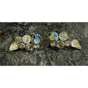 Vintage Aurora Borealis Crystal & Rhinestone Clip-On Earrings Blue Sparkle